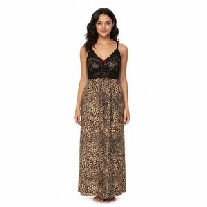 Soma Intimates Leopard Print LaceTrim Chemise Long Nightgown Medium BlackTan Bow